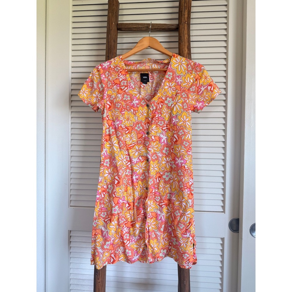 Vans Floral Button Front Mini Dress XS Orange Yellow Retro 70s Style